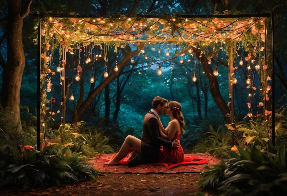 A sensual scene set in a whimsical forest, featuring silhouettes of couples exploring their wild desires under a canopy of twinkling fairy lights. Incorporate elements of playful bondage accessories, exotic foliage, and vibrant flowers that symbolize freedom and exploration. Use warm, inviting colors to create an atmosphere of passion and adventure. The composition should feel enchanting yet intimate. super-realistic. vibrant colors. magical ambiance.