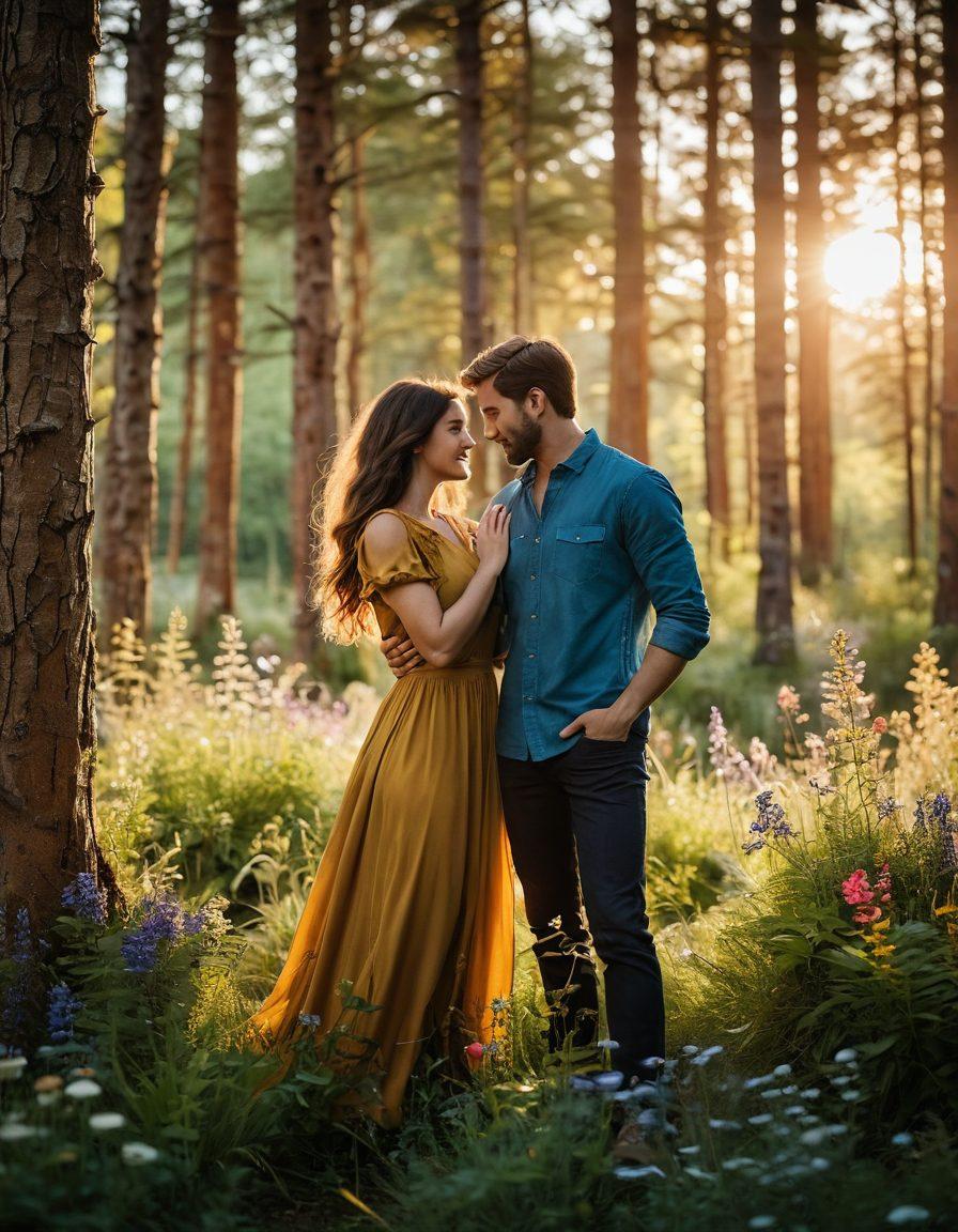 A passionate couple exploring a lush forest at sunset, surrounded by vibrant wildflowers and warm golden light, embracing each other with an aura of intimacy and connection. The scene conveys a sense of adventure and romance, with animals peeking through the trees in the background to add a wild essence. The couple is dressed in casual, nature-inspired clothing, exuding an earthy vibe. stylized with vibrant colors and a soft focus to enhance the romantic atmosphere.